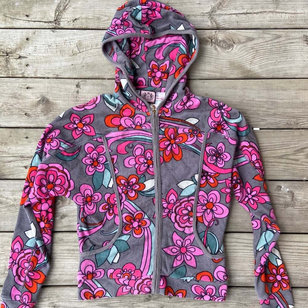 Juicy Couture Terry Cloth Floral Zip Up Hoodie M